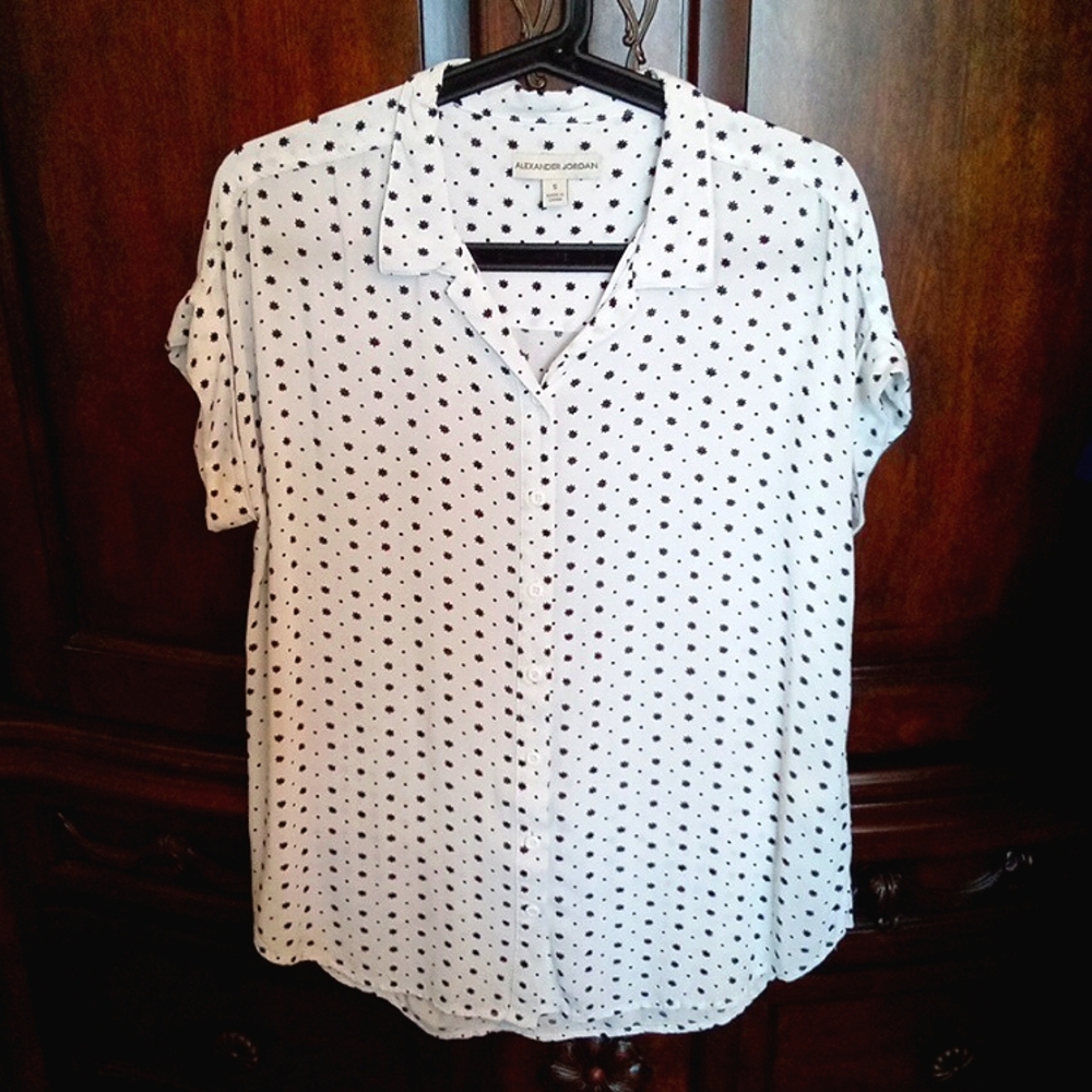 Alexander Jordan Women's White Button Up Short Sleeve Star Print Shirt Small+